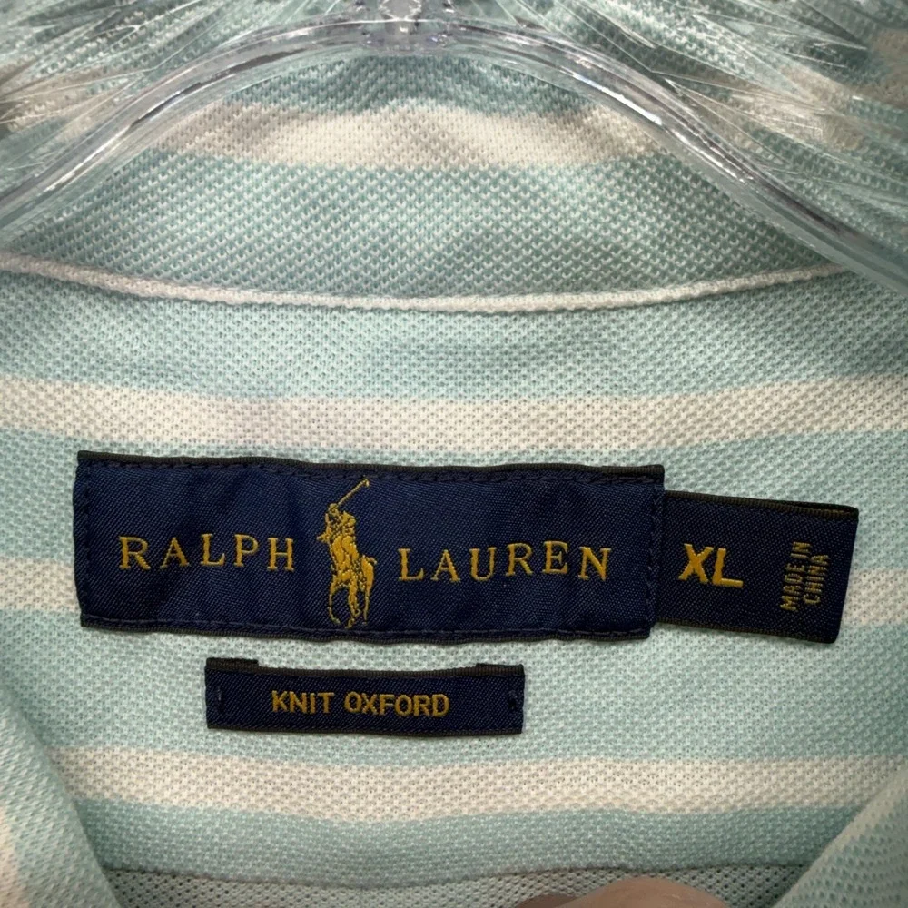 Ralph Lauren Polo Shirt Mens XL Blue White Striped Knit Oxford Cotton Casual